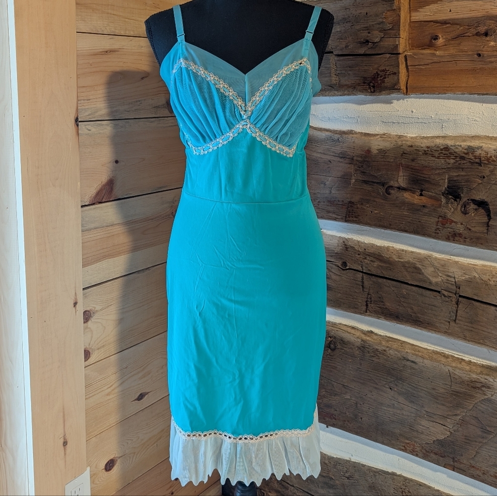 Vintage 50s 60s Teal Aqua Blue Green Slip Dress Lingerie Nighty Lace Sheer M